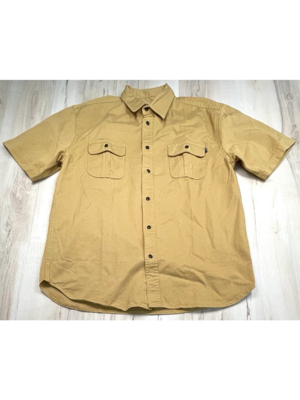 HUF Mens XL Camel Tan 100% Cotton Twill Button-Up Short Sleeve SHIRT Pockets EUC